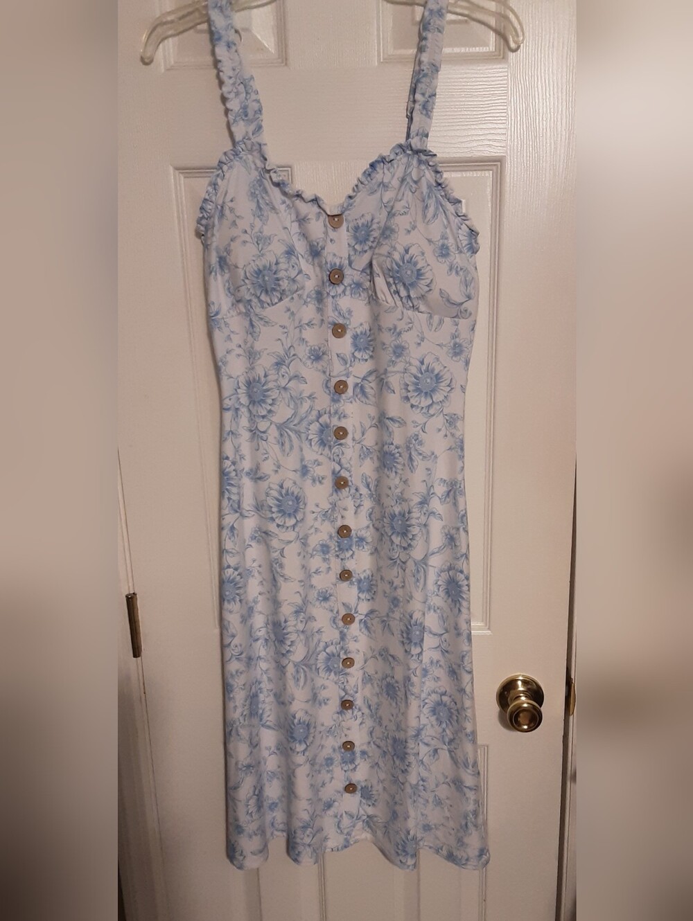 Sleeveless Blue Floral Button-Front Midi Dress With Stretchy Adjustable Straps
